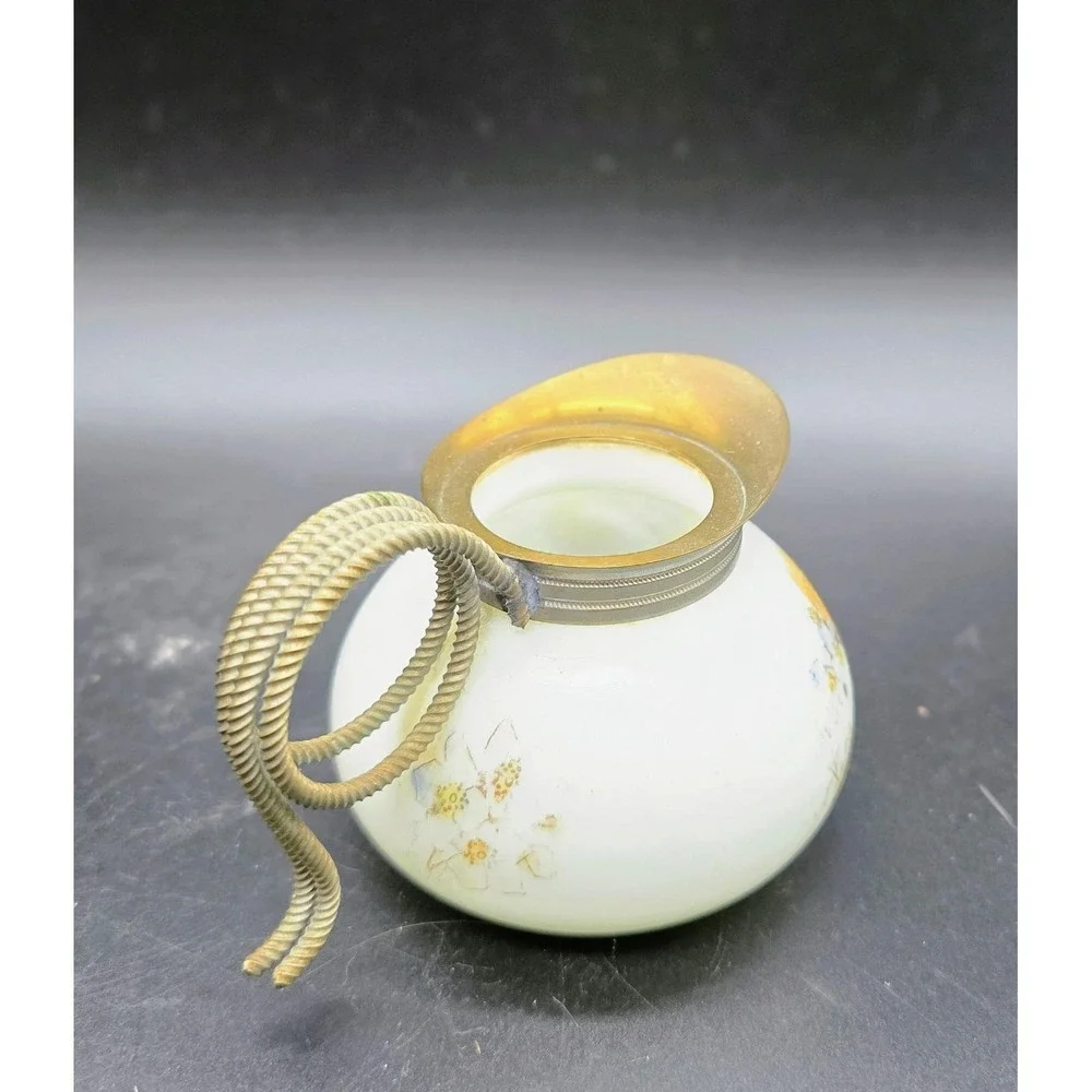 Antique CF Monroe Co Creamer Mini Pitcher Glass Blue Flowers Gold Scroll